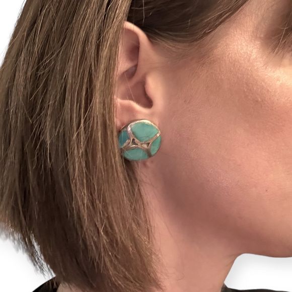 Vintage Zuni Sterling Silver Turquoise Inlay Earrings - Picture 5 of 5